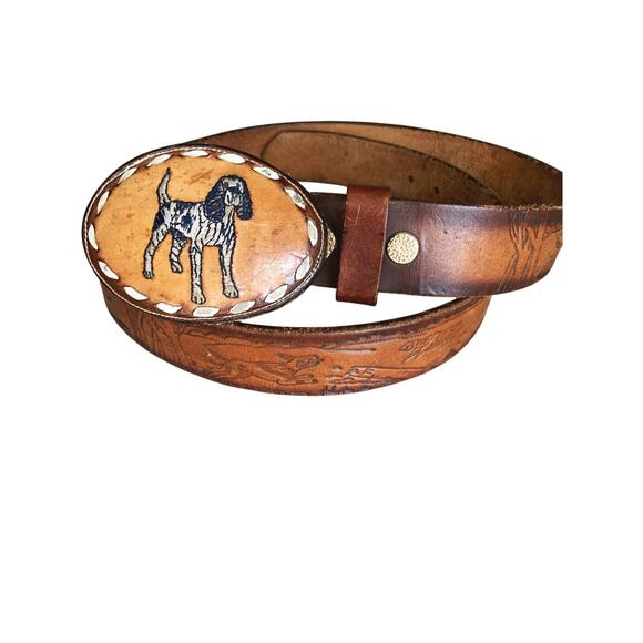 Mens Dog Embroidered Buckle Hunting Scene Tooled Leather Belt Size 38 USA - Picture 3 of 6